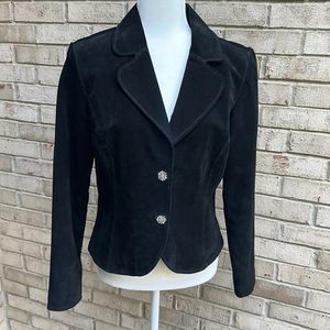 VTG Y2K Black Suede Blazer w/ Rhinestone button snap closure scallop cuffs Sz M
